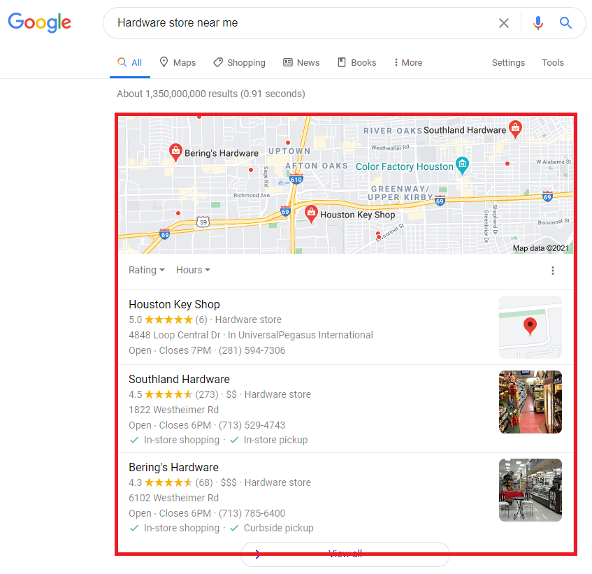 Google Map Pack for Hardware Stores