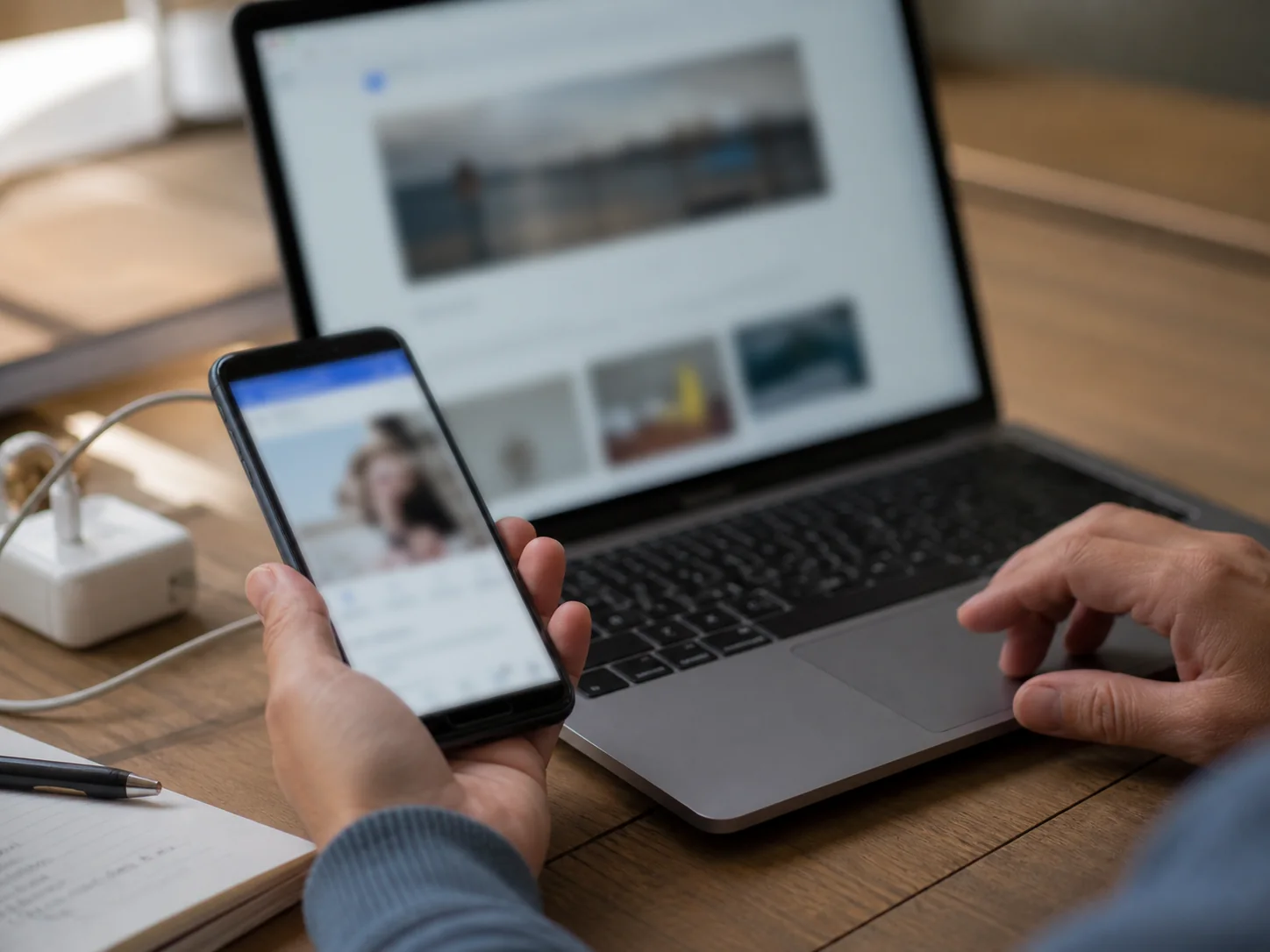 Smartphone and laptop used to review a mobile service webpage