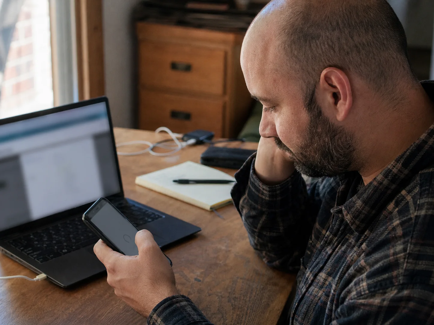 Business owner checking a webpage on a smartphone beside a laptop