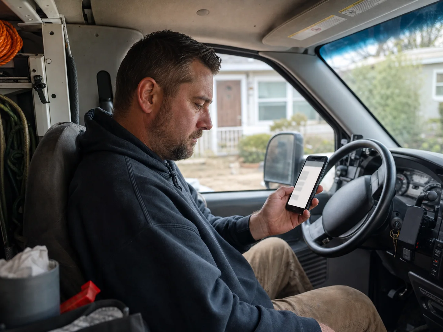 Home service owner checking a mobile webpage inside a work van