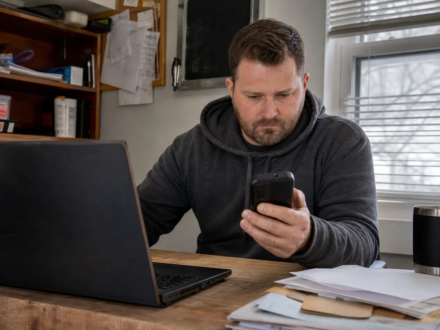 Local service business owner reviewing marketing activity at an everyday office desk