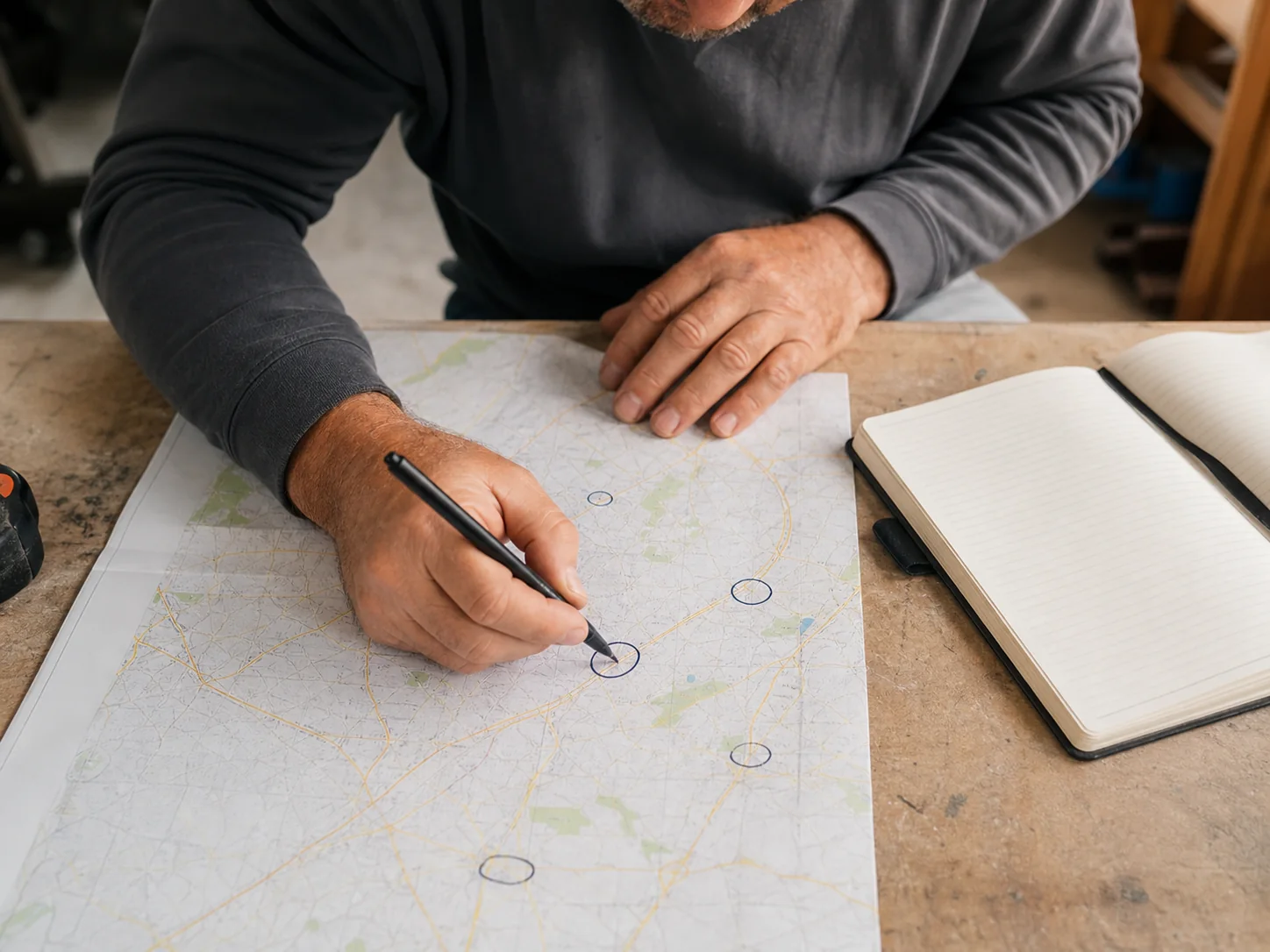 Contractor reviewing service areas on a paper map beside a notebook