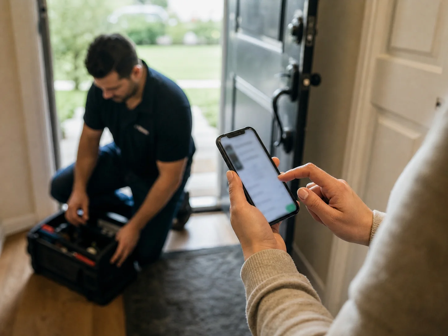 Customer checking a phone after a completed home service visit