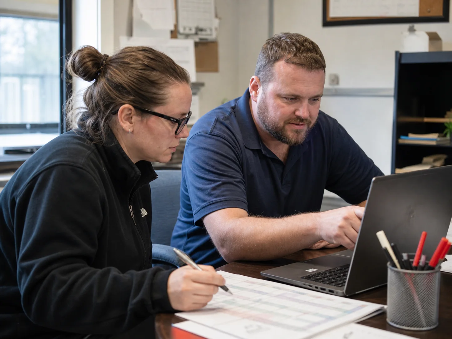 Service business staff reviewing incoming calls and available crew capacity